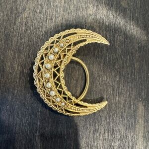 1980’s Gold Crescent Moon Brooch with Pearl Accents - Women Jewelry